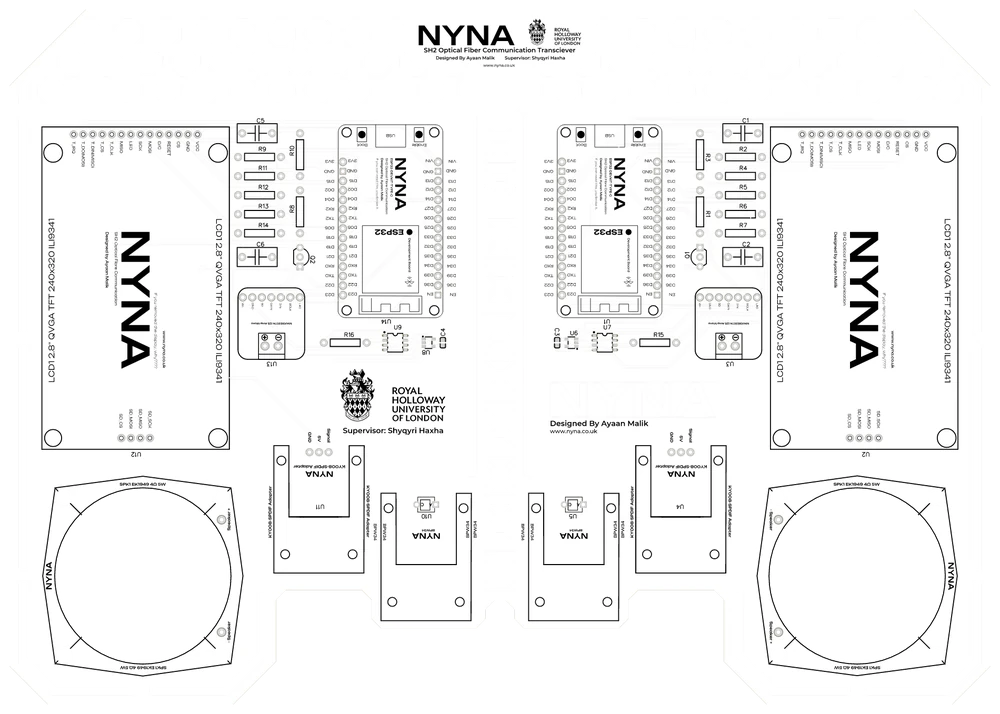 Top view of the NYNA Systems board: two ESP32 modules, two displays and two speakers on a white board