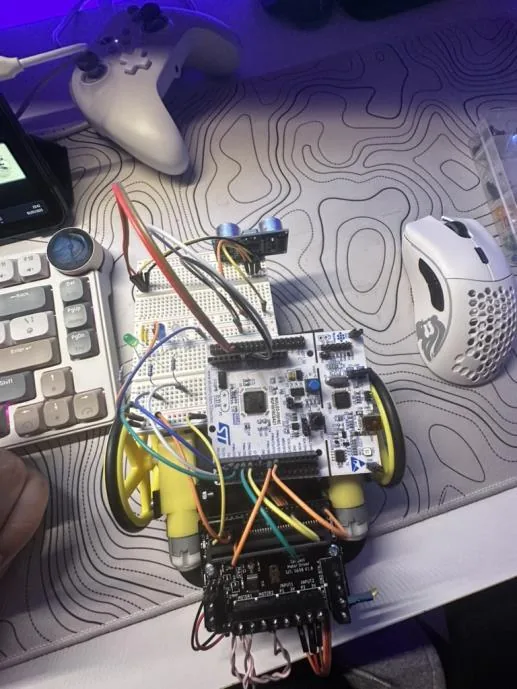 The buggy with its HC-SR04 ultrasonic sensor and breadboard mounted