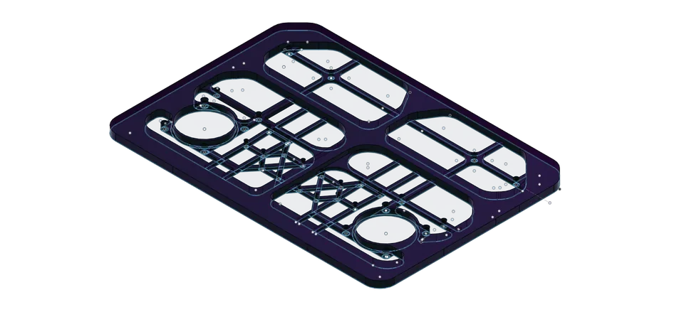 Render of the PCB on its purple acrylic base