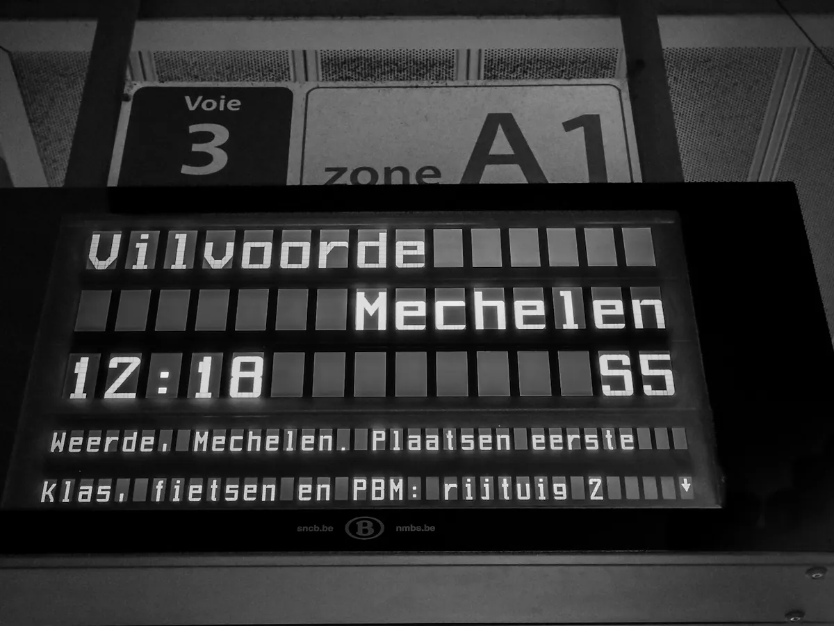 A departure board at a railway station